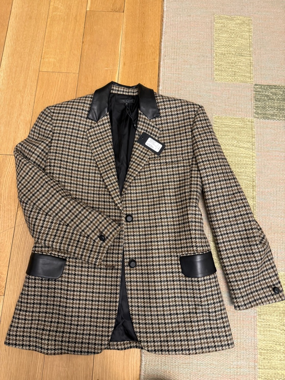 rag & bone Beige Black Houndstooth Blazer with Black Leather Trim - new w tags!